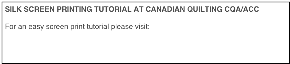 SILK SCREEN PRINTING TUTORIAL AT CANADIAN QUILTING CQA/ACC

For an easy screen print tutorial please visit:  http://cqacanadianquilting.blogspot.ca/2013/04/gunnel-hag-with-screen-printing-tutorial.html?utm_source=feedburner&utm_medium=email&utm_campaign=Feed:+CanadianQuiltingCqa/acc+(Canadian+Quilting++CQA/ACC)